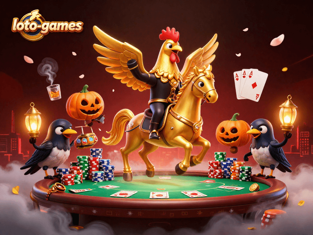 Experience high-stakes action at loto-games with a golden rooster and friends in a vibrant casino scene.