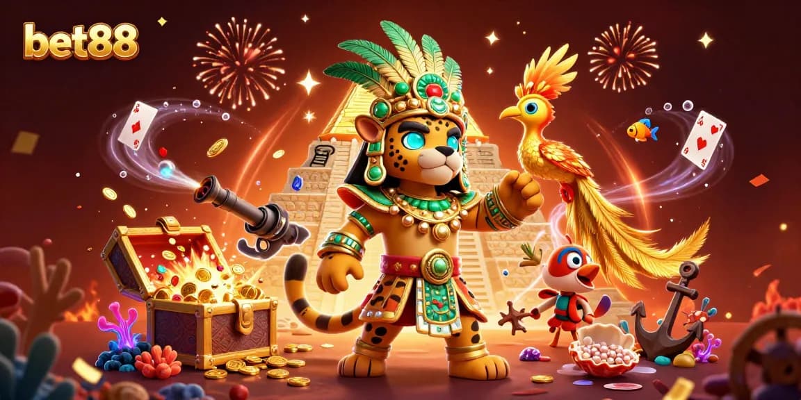 Bet88 offers thrilling escapades with a 3D illustration of exciting gaming elements and colorful characters.