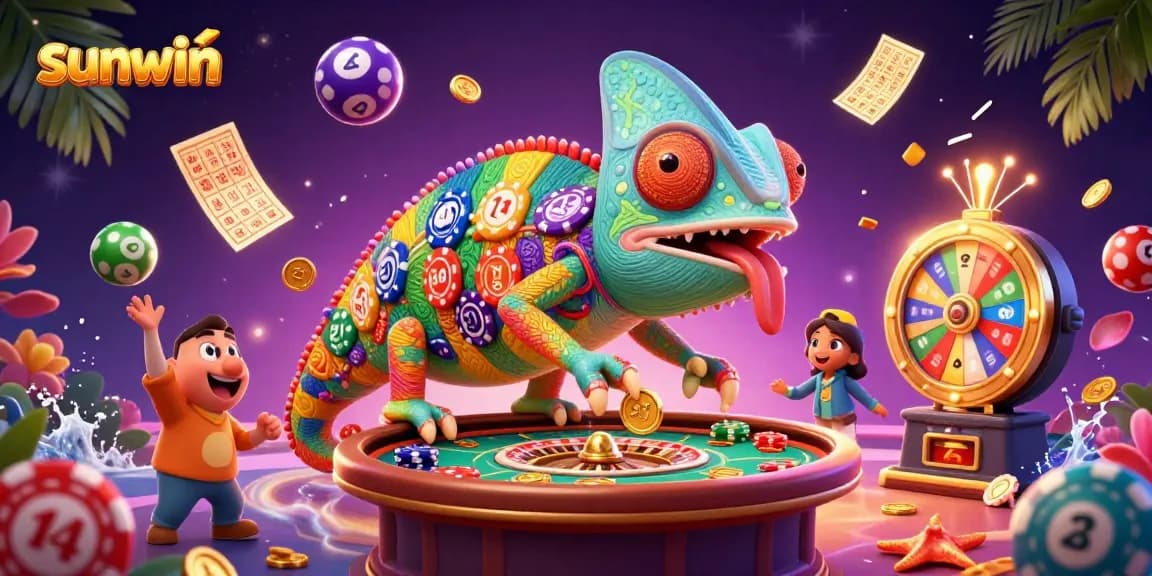 Experience sunwin’s vibrant gaming scene with a colorful illustrated casino interaction.