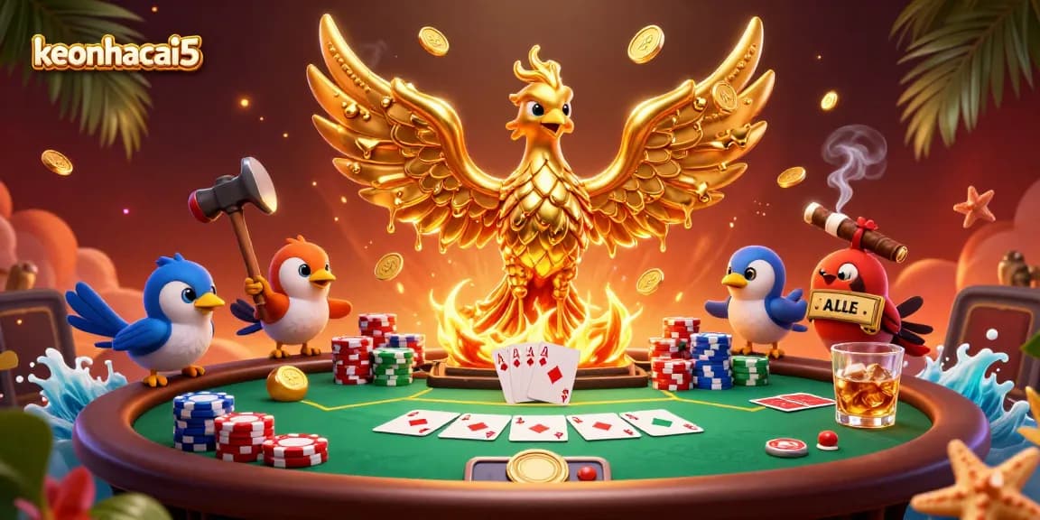Experience the thrilling atmosphere of keonhacai5 with a golden phoenix and poker elements in a vibrant scene.