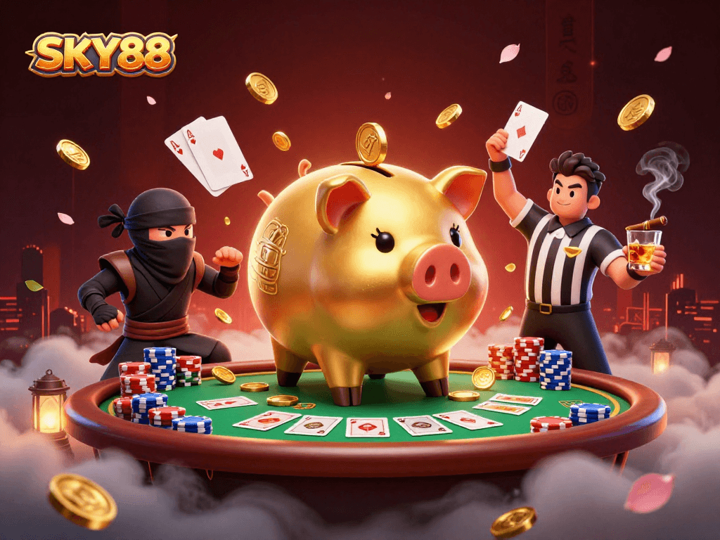 Engage in thrilling action with SKY88 amidst vibrant casino elements and dynamic characters.