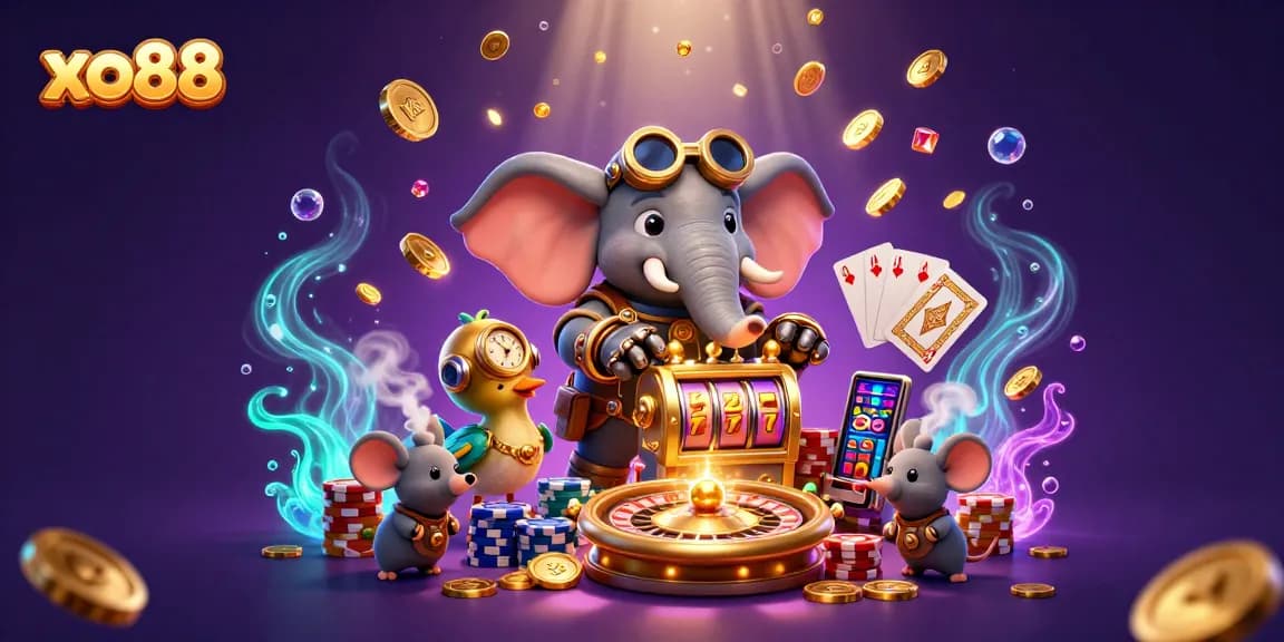 Spin to win with xo88 in this vibrant illustration featuring a steampunk casino scene.