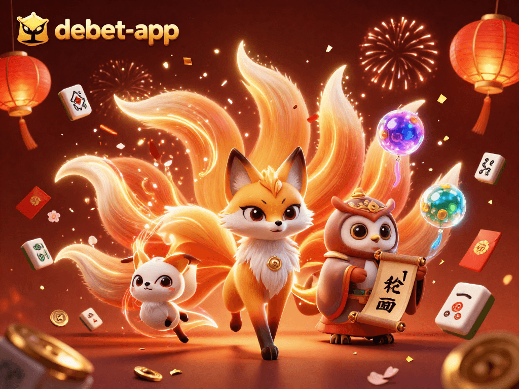 Engage with debet-app in a vibrant casino scene featuring a glowing nine-tailed fox and mystical elements.