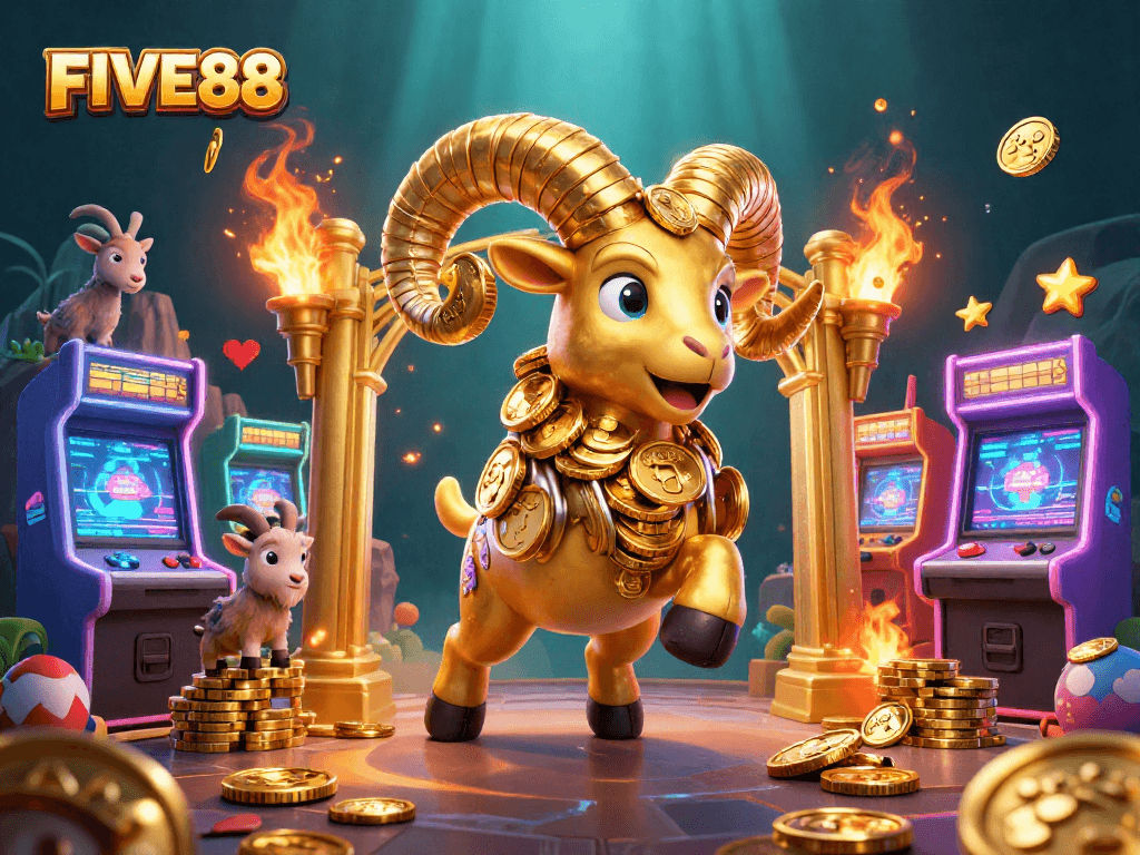 Experience thrilling gameplay at FIVE88 with gold-themed elements and dynamic visuals of gaming excitement.