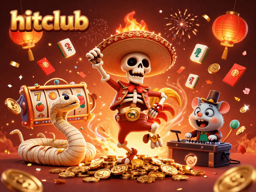 Hitclub showcases dynamic casino fun with a dancing mariachi rooster, golden coins, and festive elements.
