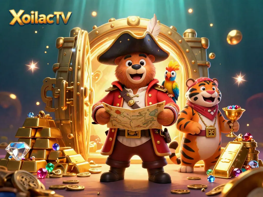 Xoilac TV pirates winning treasure in ultra-detailed 3D illustration with stunning casino elements.