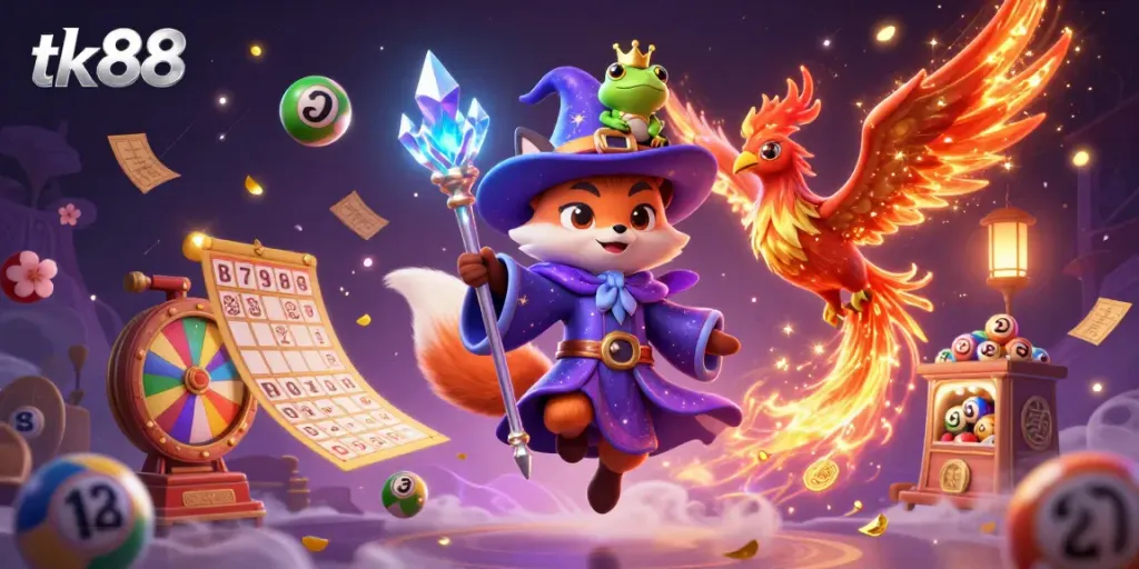 tk88 gambling scene featuring a magical wizard fox, phoenix, and lottery elements.