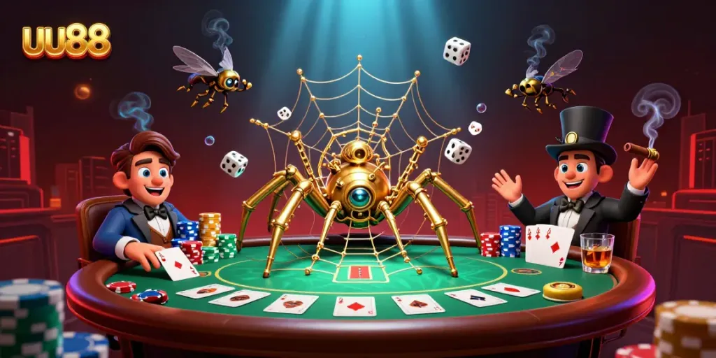 Engaging scene showcasing uu88's online casino allure with betting elements and whimsical spider motif.