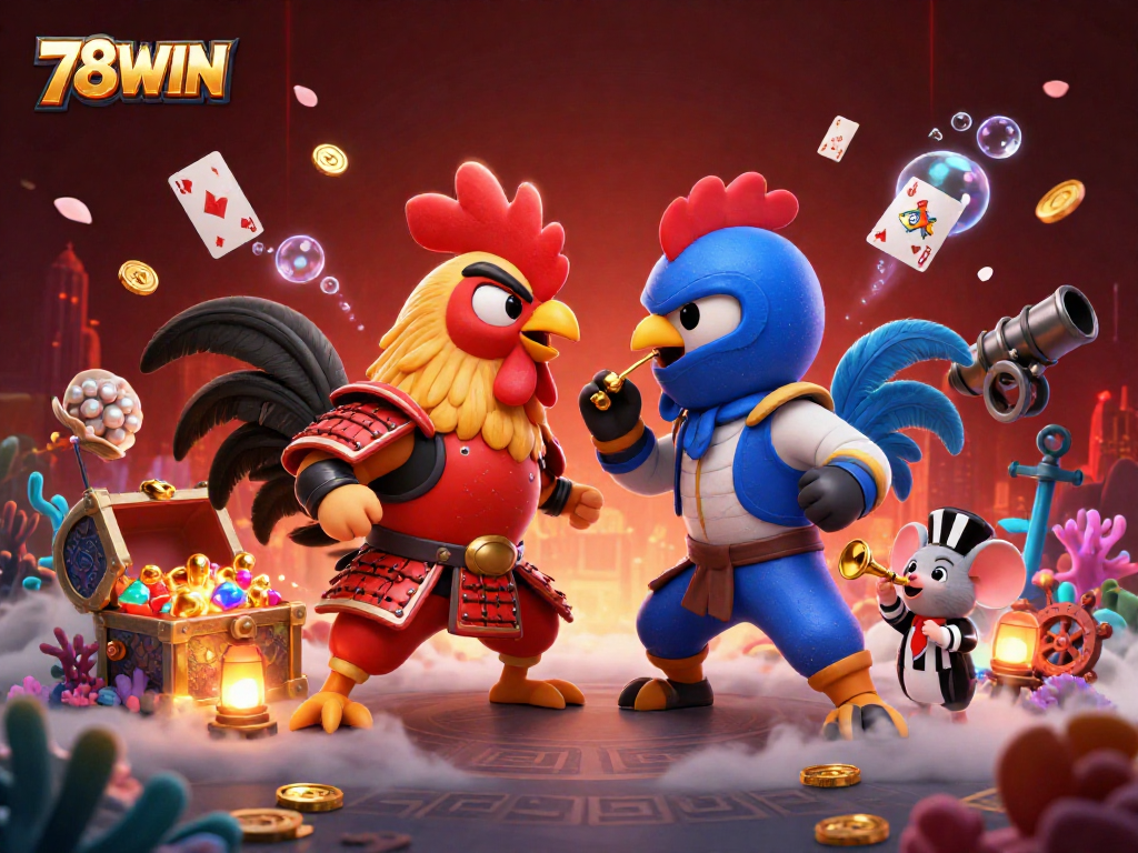 Engage in thrilling gameplay with 78WIN as roosters clash in a vibrant casino scene surrounded by treasures.