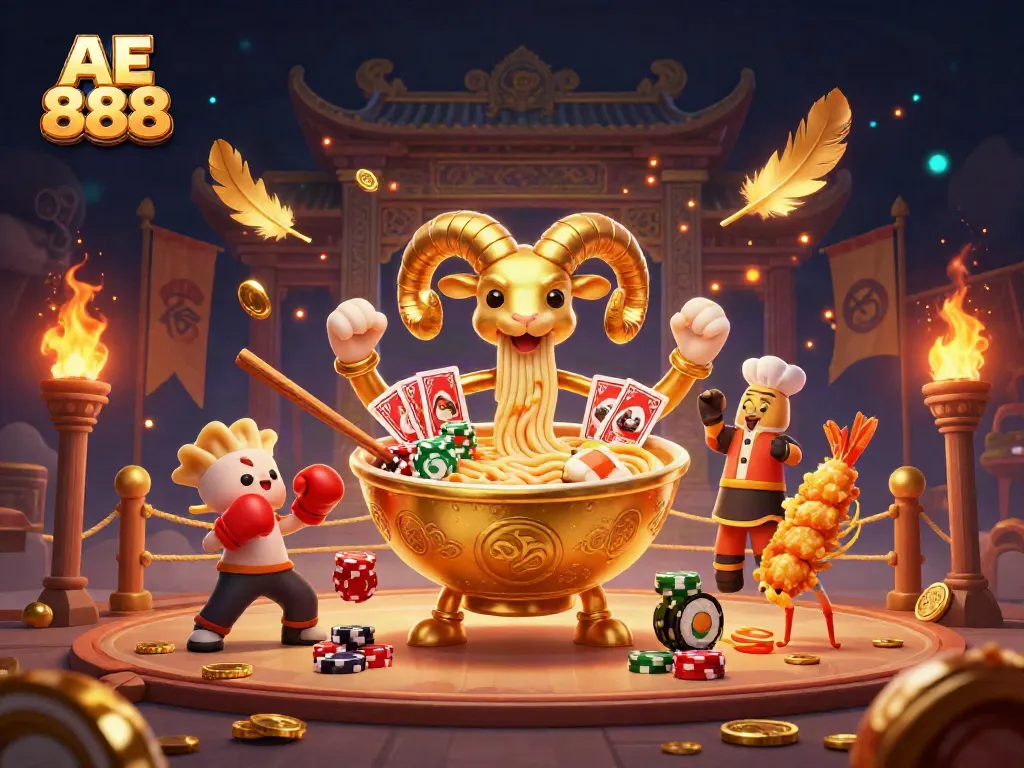 Experience the excitement of AE 888 with an animated casino scene featuring dynamic characters and vibrant game elements.