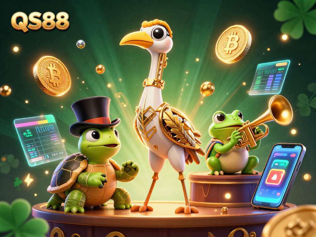 Play exciting games at QS88, featuring fun characters and vibrant casino elements.