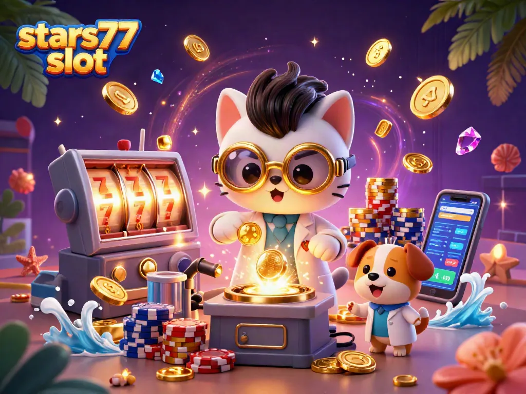 Bermain slot di situs bintang77 slot dengan alat permainan dan geberakan emas dan permata yang meriah.