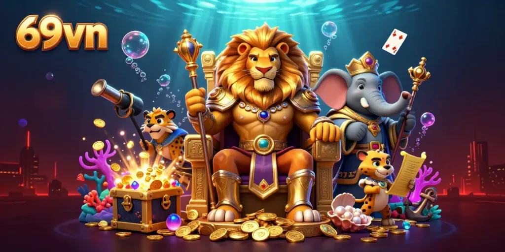 Experience the vibrant world of 69vn with an animated casino adventure featuring a lion king and his royal entourage.