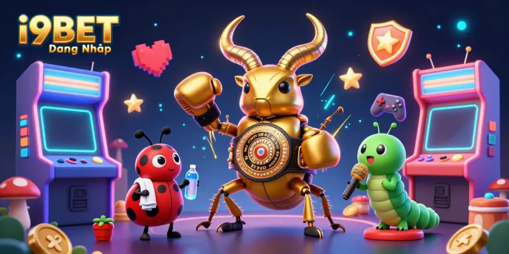Join the thrilling action of i9BET Đăng Nhập featuring a giant golden stag beetle boxing champion with arcade gaming elements.