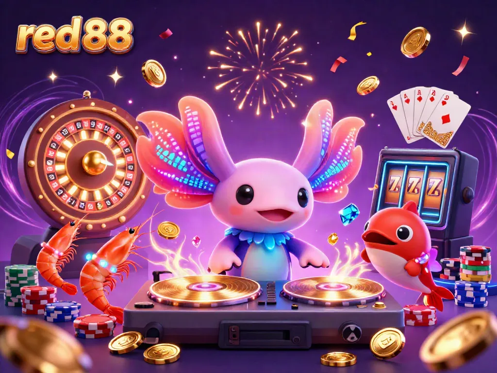 Experience vibrant action at red 88 with a neon axolotl DJ, surrounded by coins and playful aquatic characters.