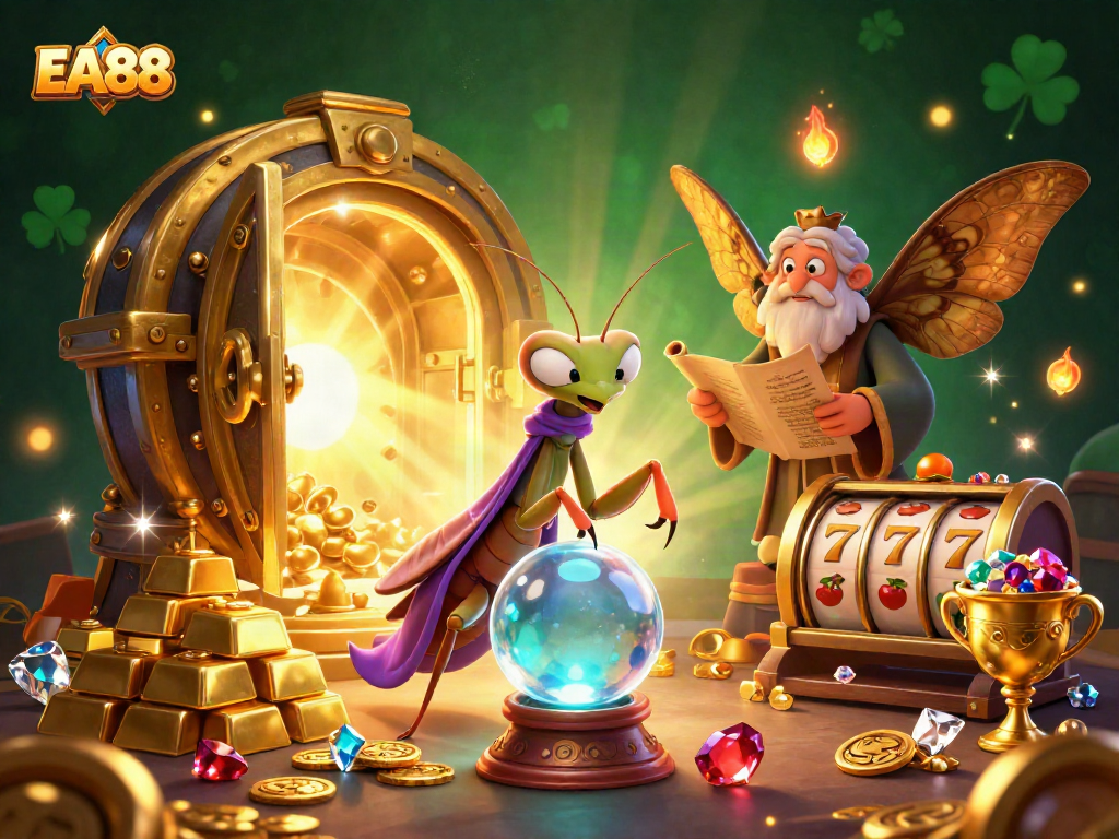 Engage with EA88 in a vibrant 3D casino scene featuring fortune tellers and slot machines.