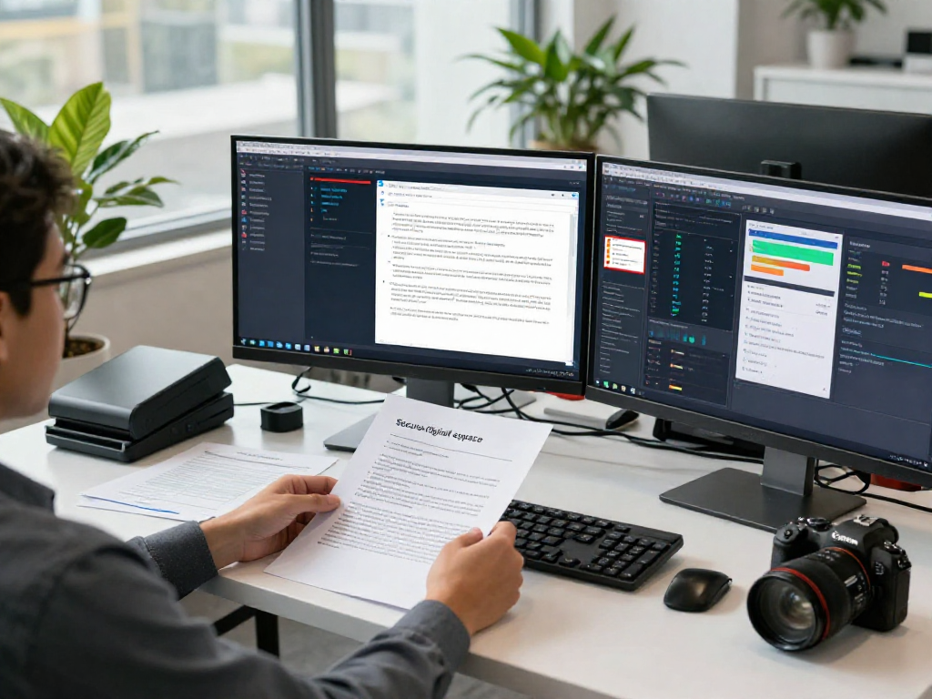Document fraud detection analysis in a modern workspace with AI technology and data analytics tools.