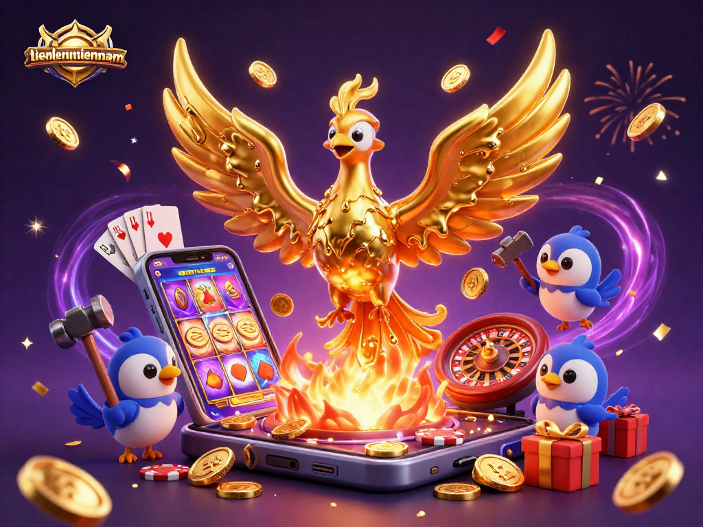 Win big with tienlenmiennam's exciting gameplay featuring a golden phoenix and dynamic casino elements.