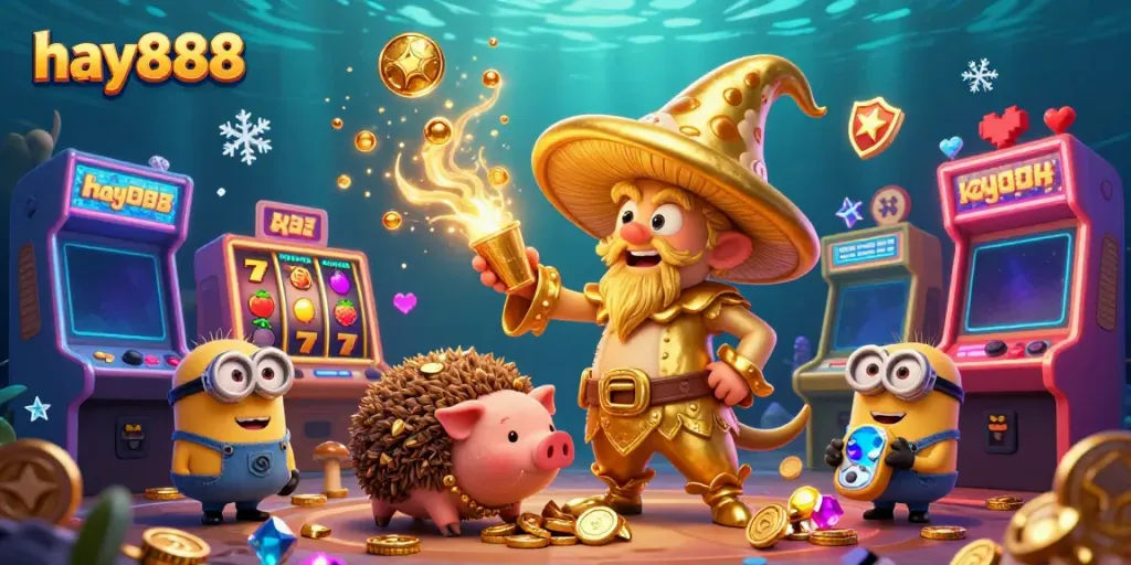 Engage in captivating gaming action with hay888's enchanting golden mushroom wizard and treasure-hunting pig.