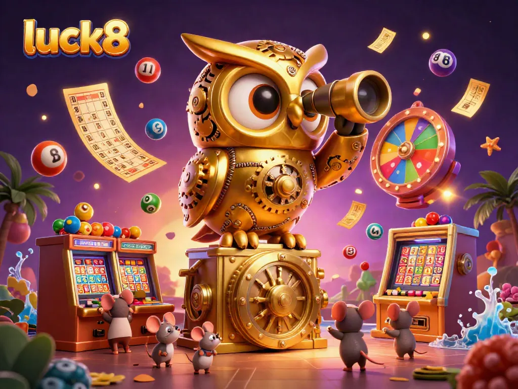 Engage with luck8 as the golden owl oversees exciting casino activity with vibrant gaming elements.