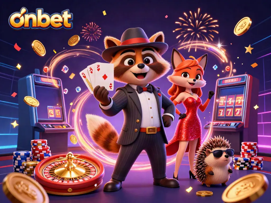 Experience onbet's dynamic casino excitement with a royal flush amidst bright gaming elements.
