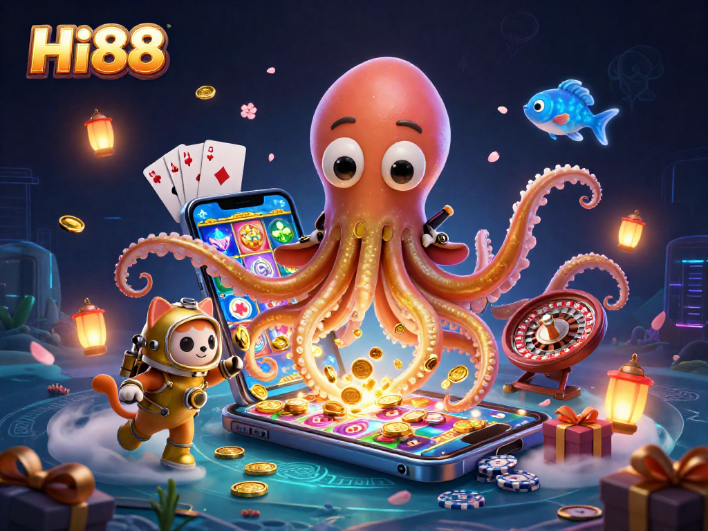 Experience Hi88's vibrant slots scene with a kraken, diving cat, and dynamic casino elements.