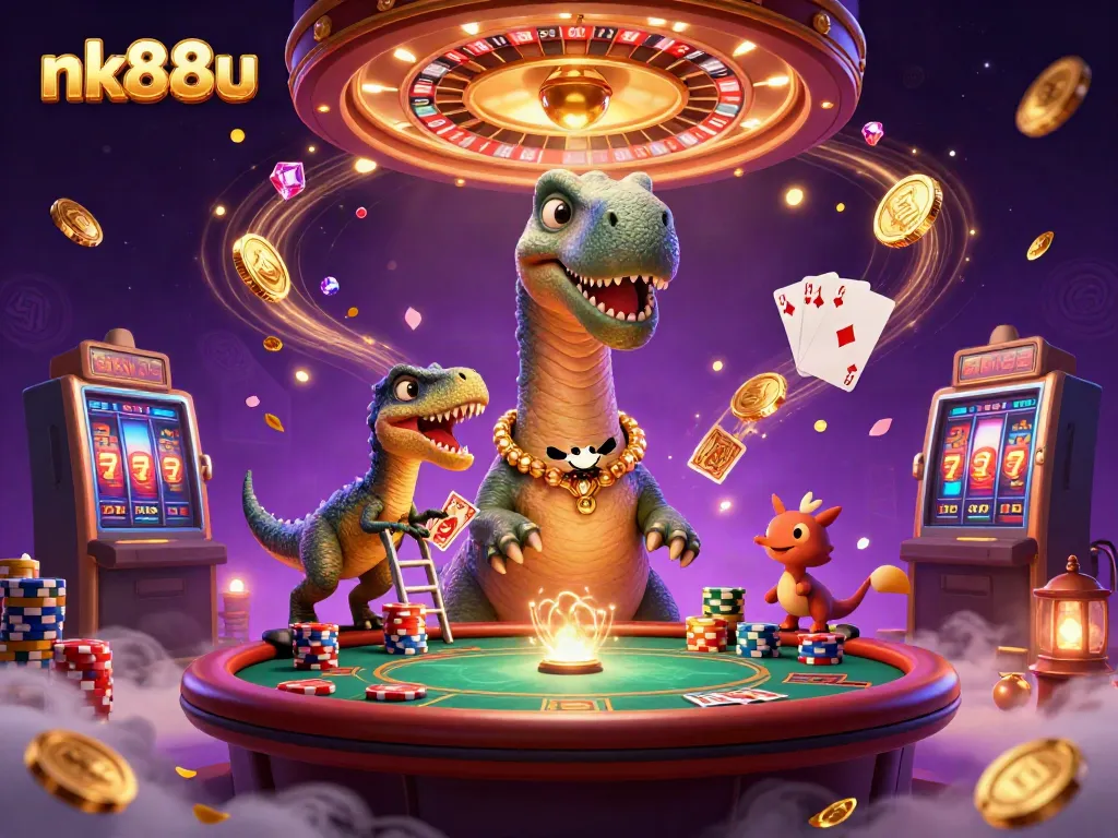 Engage in thrilling gameplay with nk88u's animated brontosaurus and raptor in a vibrant casino scene.