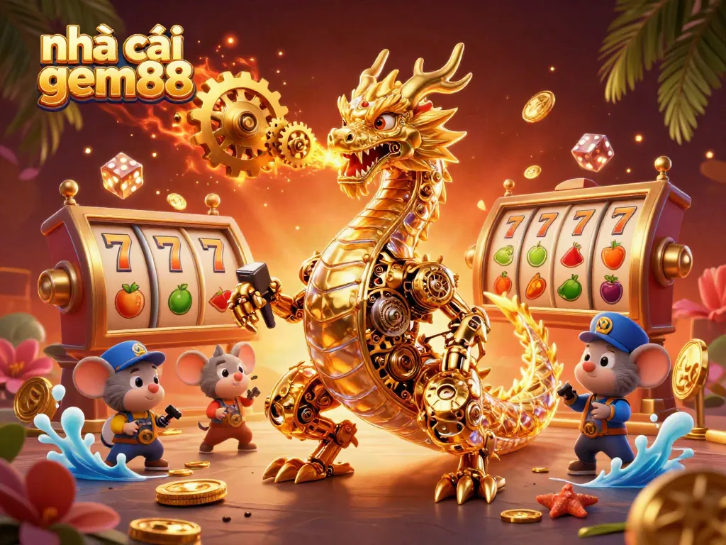 Experience excitement at nhà cái gem88 with a powerful dragon and vibrant slot game elements.