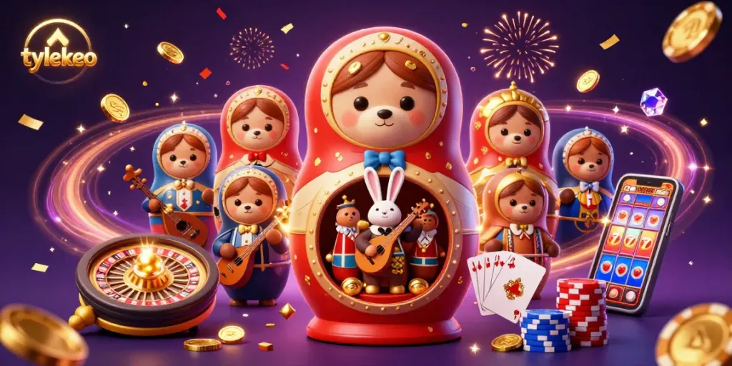 Experience winning strategies with tylekeo in a vibrant casino-themed illustration featuring festive elements.