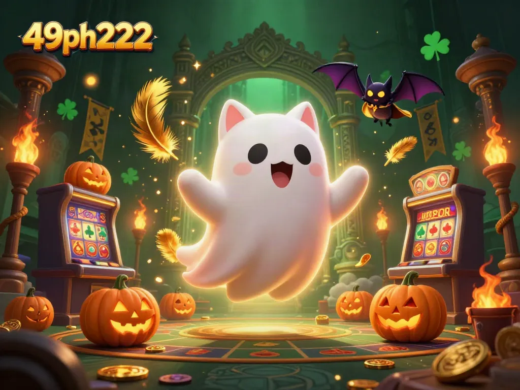 Engage with 49ph222 through a thrilling scene of a friendly ghost cat and casino elements.