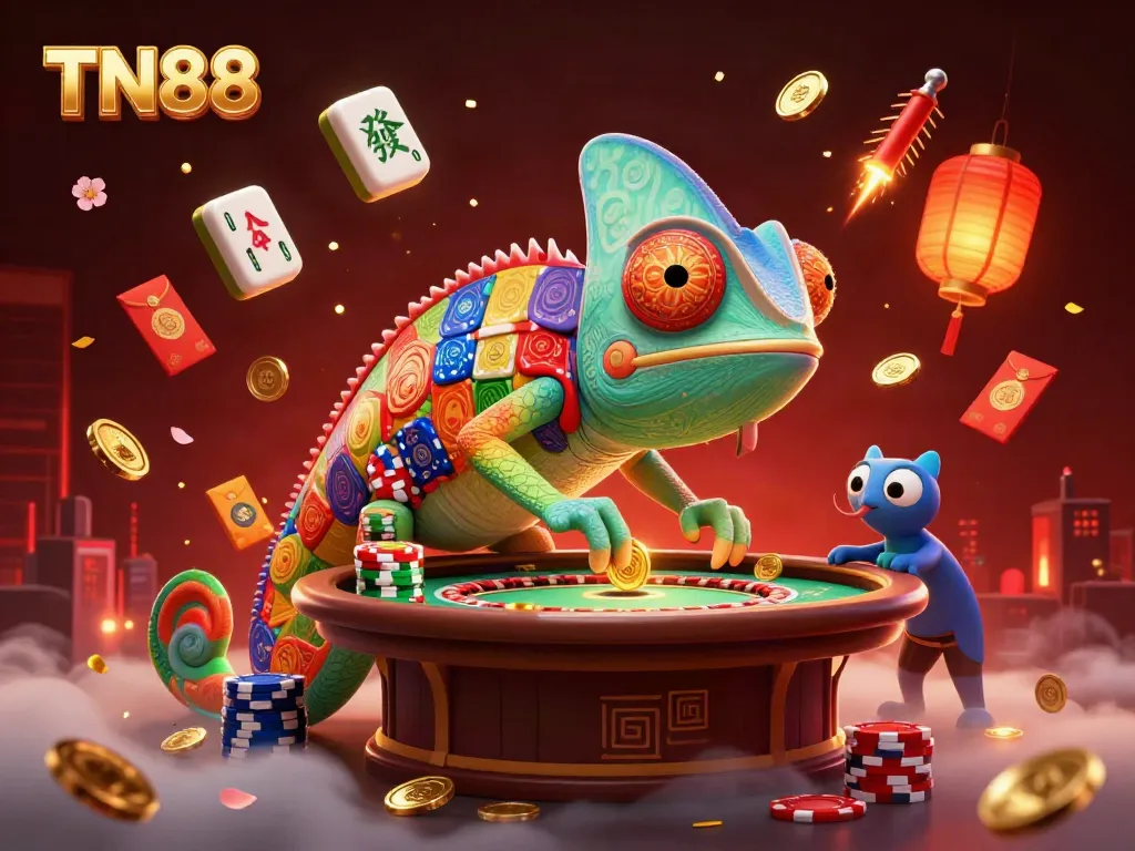 Engage in thrilling gaming action at TN88 with vibrant casino elements and golden rewards.