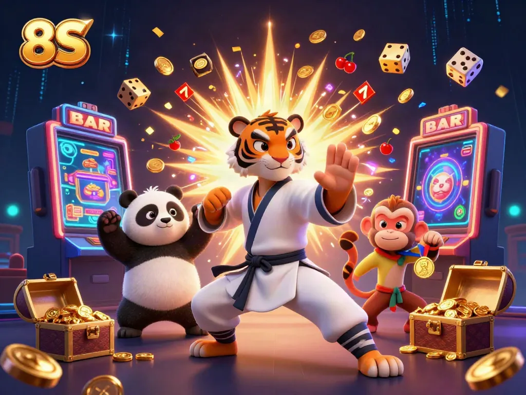 Experience the thrilling world of 8S with this vibrant 3D casino scene featuring action-packed slot game elements.