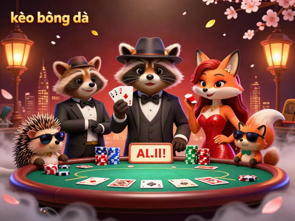 Experience kèo bóng đá with raccoon dealer revealing a royal flush at a vibrant poker table packed with colorful chips.