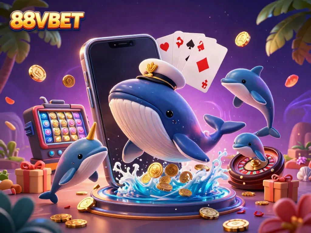 Join the fun at 88VBET with a whale breaching through coins while dolphins perform tricks with poker chips!