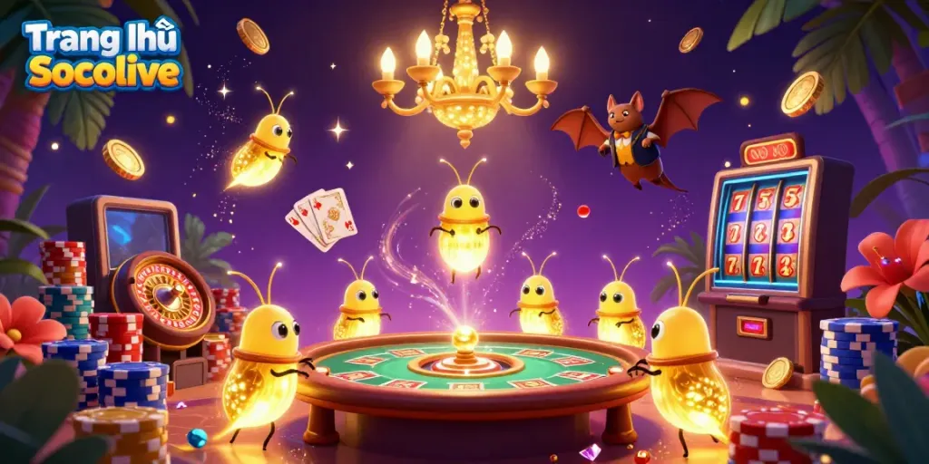 Engage with Trang chủ Socolive's vibrant tropical casino scene featuring glowing glowworms and a playful bat dealer.