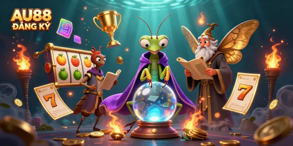Experience the thrill with AU88 ĐĂNG KÝ, featuring a mystical fortune teller and vibrant casino elements.