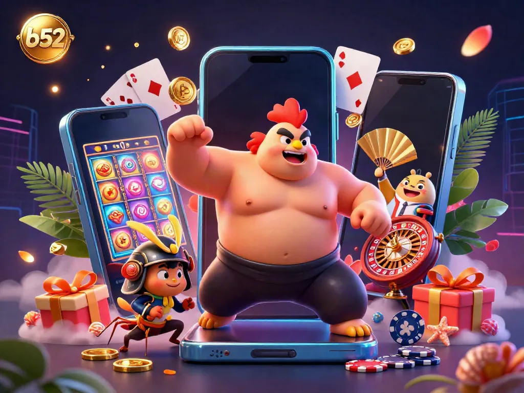 Experience the thrilling world of B52 casino games with a dynamic scene featuring lively characters and engaging slot elements.