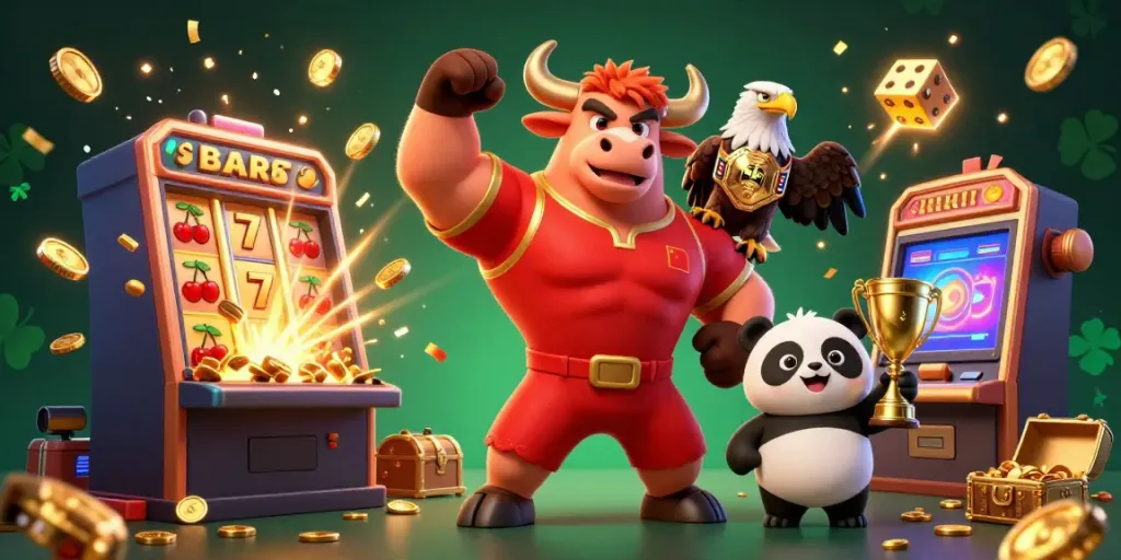 Experience the excitement of uy88 with a cartoon bull mascot celebrating a big jackpot win in a dynamic casino scene.