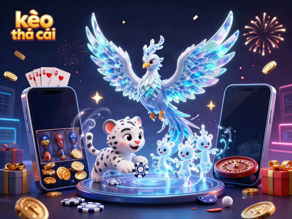 Engage with kèo nhà cái through a vibrant 3D scene depicting a phoenix, snow leopard, and ice sprites celebrating casino excitement.