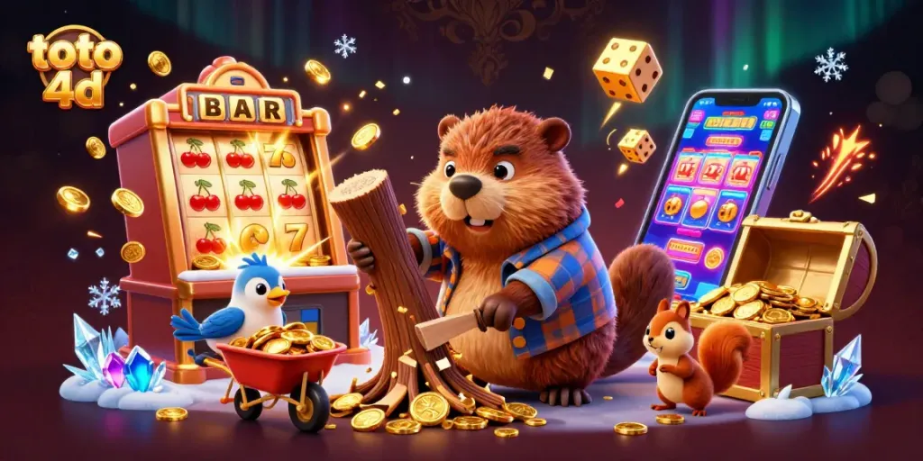 Engage in toto 4d gaming with a vibrant jackpot scene featuring a beaver, bird, and squirrel amidst coins.