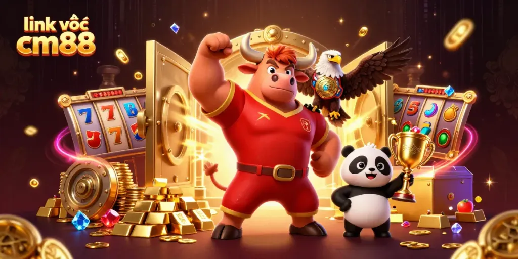 Experience thrilling gaming action with link vào cm88 as a bull mascot, eagle, and panda celebrate jackpots.