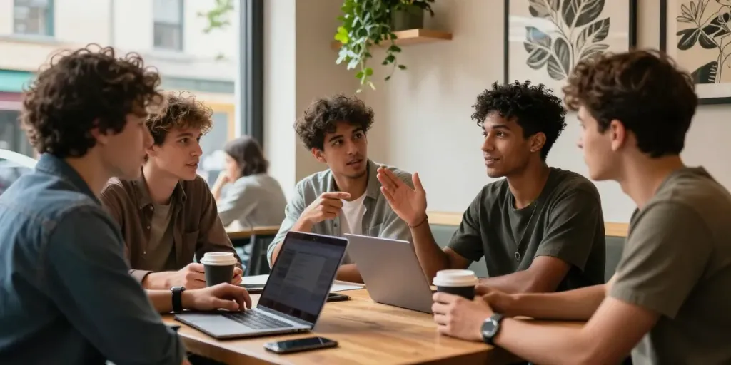 Group of men sharing dating advice in a café setting, showcasing confidence and engagement.