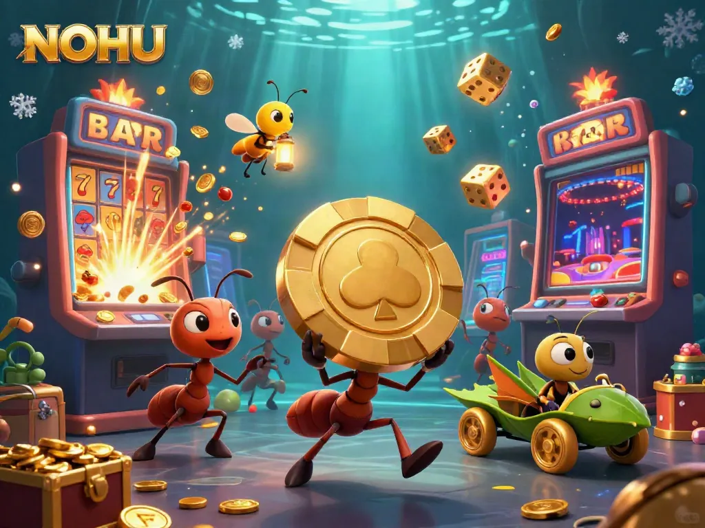 Experience the excitement of NOHU as ants carry a giant poker chip amidst vibrant casino elements.