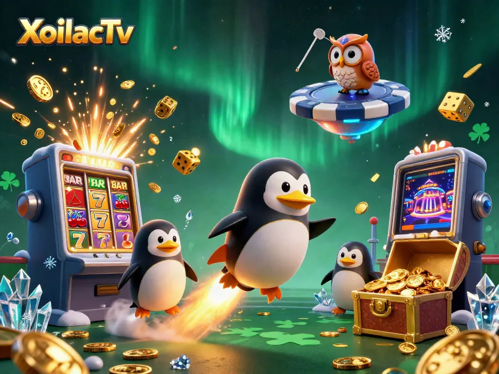 XoilacTv offers thrilling online gaming, featuring a golden penguin and jackpot elements in a dynamic casino atmosphere.