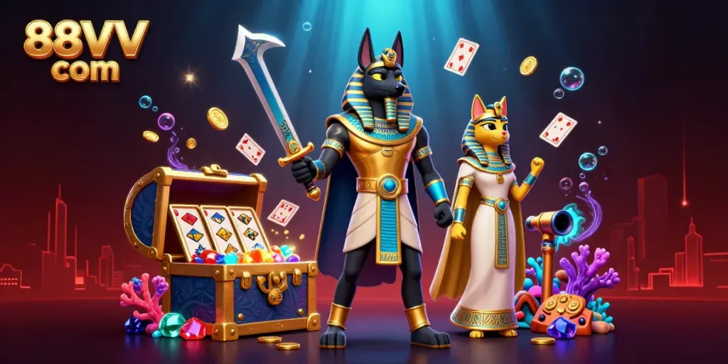 Play games and win at 88VV com, featuring Anubis and Bastet amid floating cards and gold.