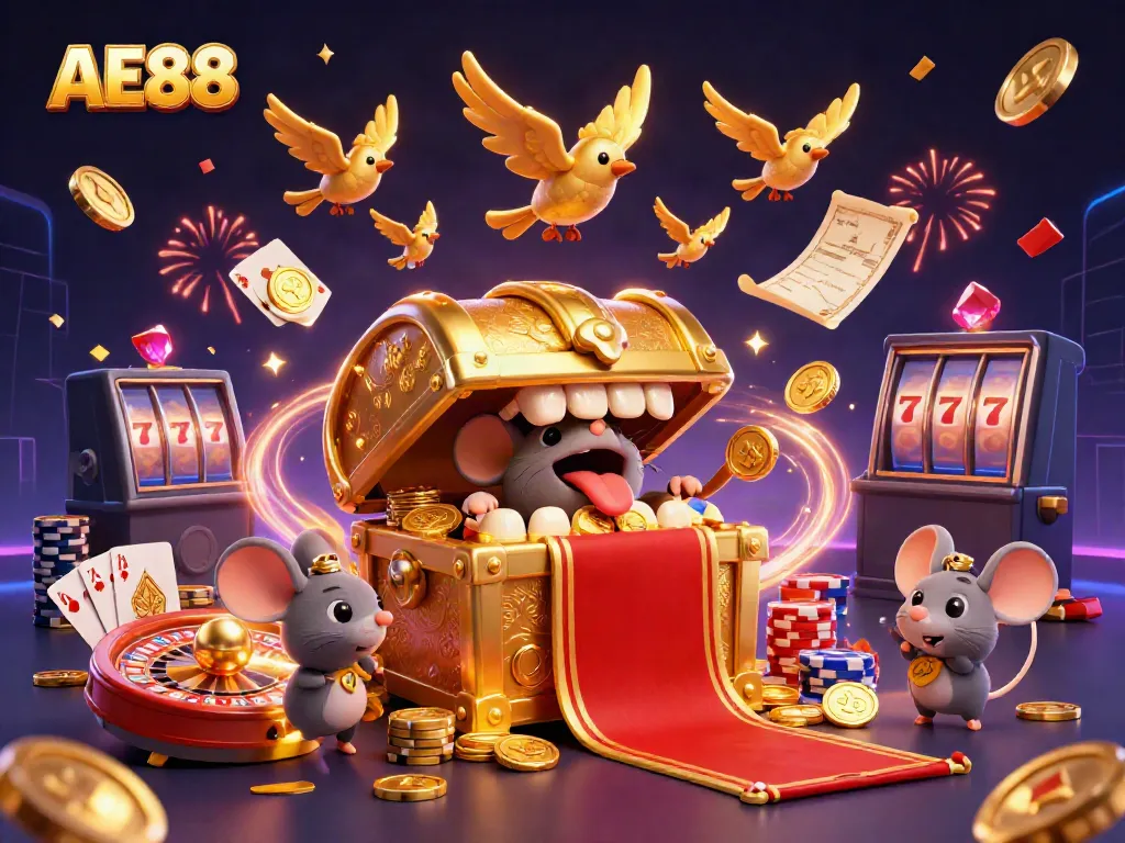Engage with AE88's thrilling casino adventure featuring cartoon characters, coins, and game elements