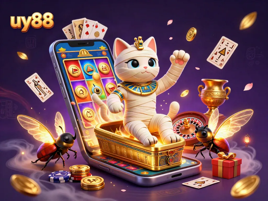 Engage with uy88 in an electrifying pyramid casino scene featuring a mummy cat and golden scarab.