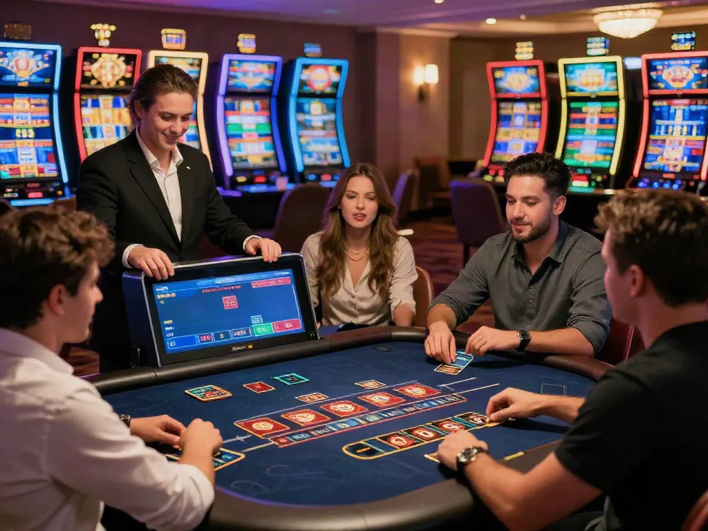 Experience the excitement of the best credit card casinos with lively players enjoying their time at a modern gaming table.