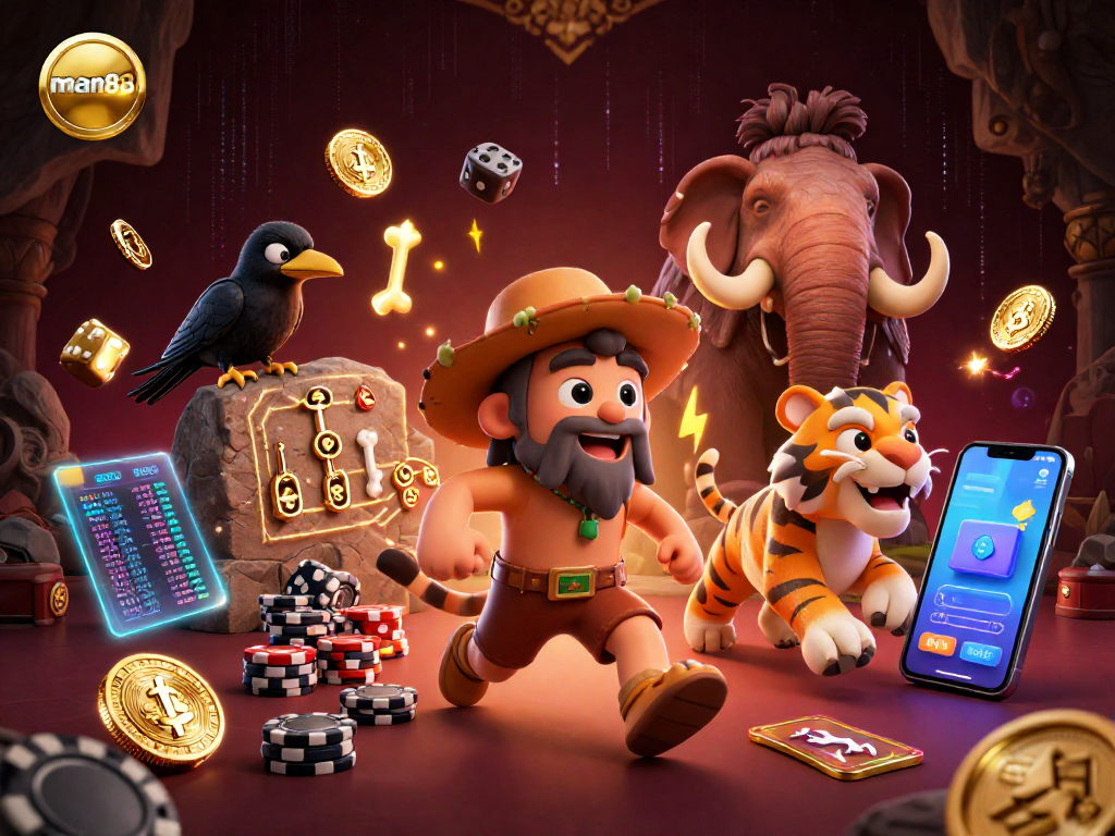 Experience thrilling gaming action at man88 with vibrant slot games and crypto elements.