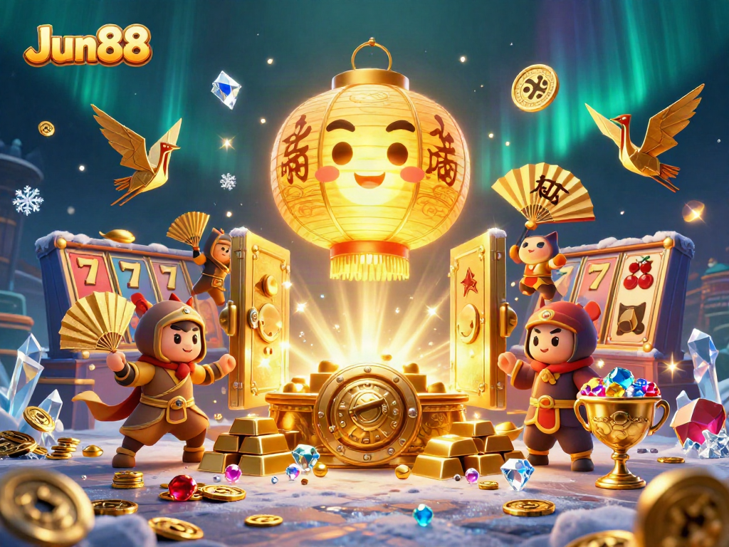 Win big with Jun88 at the night market casino, featuring a giant golden lantern spirit.